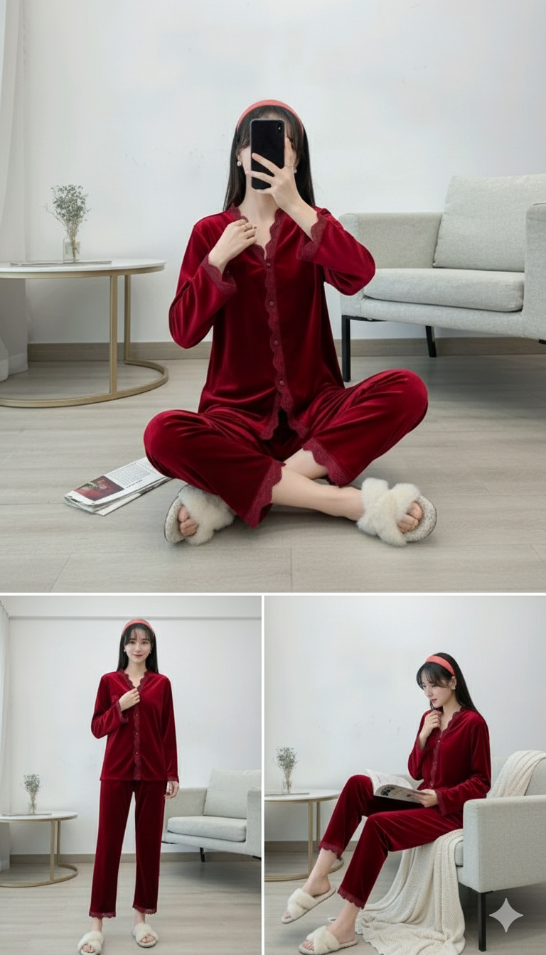 Women's Pure Color Lace Gold Velvet Cardigan Two-Piece Suit