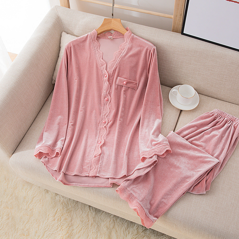 Women's Pure Color Lace Gold Velvet Cardigan Two-Piece Suit