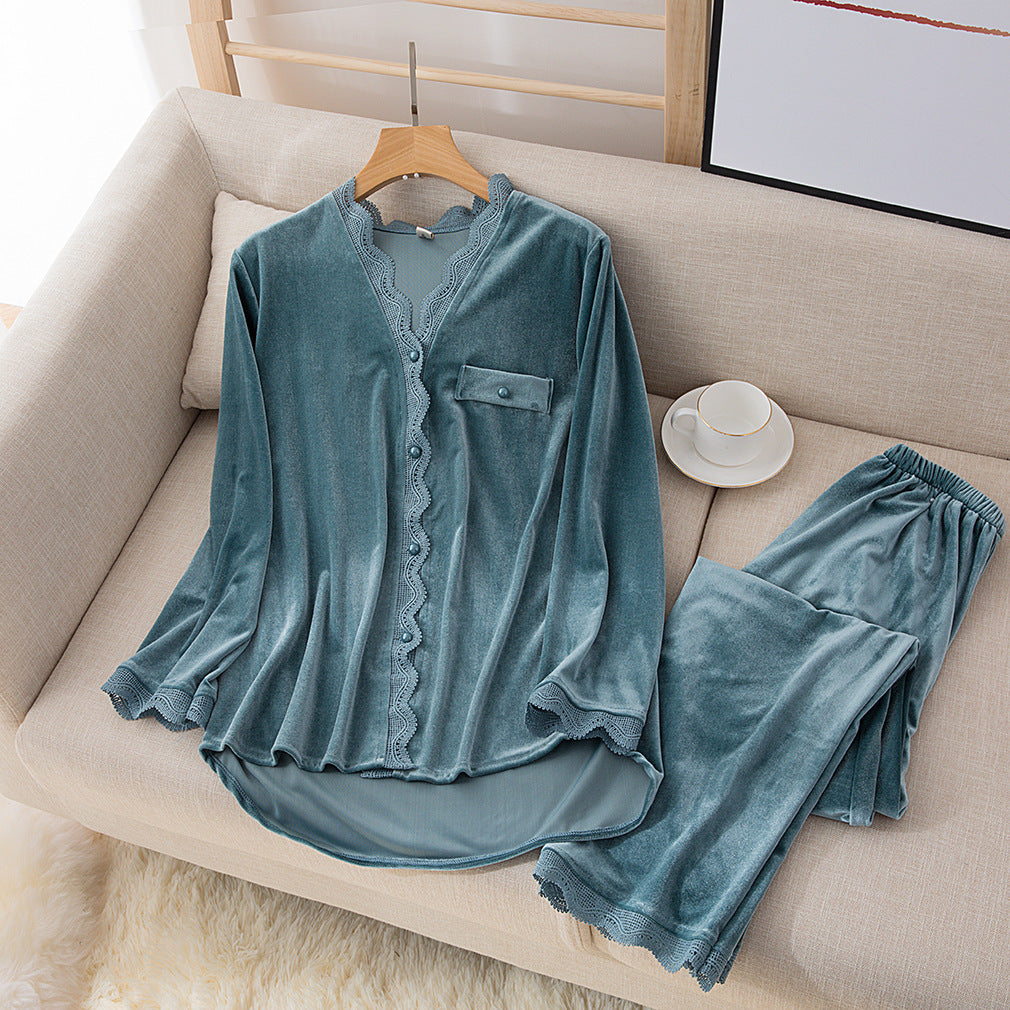 Women's Pure Color Lace Gold Velvet Cardigan Two-Piece Suit