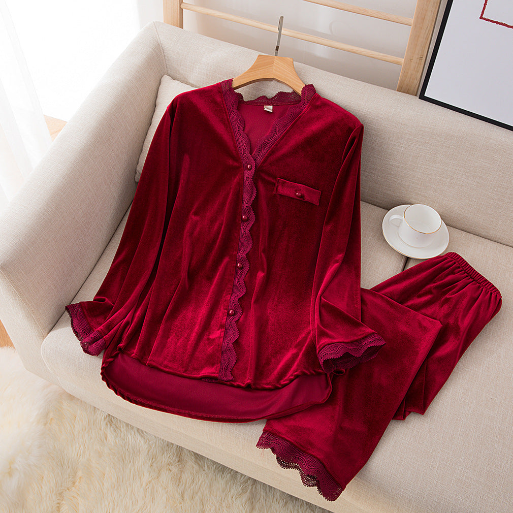 Women's Pure Color Lace Gold Velvet Cardigan Two-Piece Suit